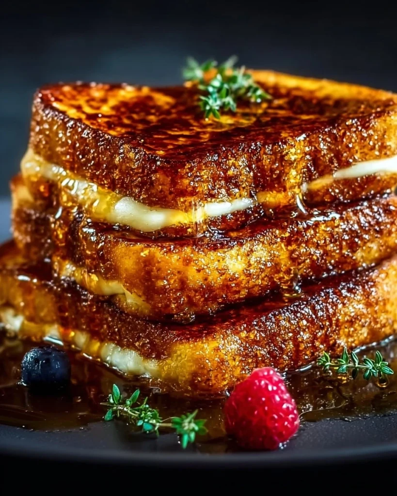 Delicious Crème Brûlée French Toast topped with caramelized sugar.