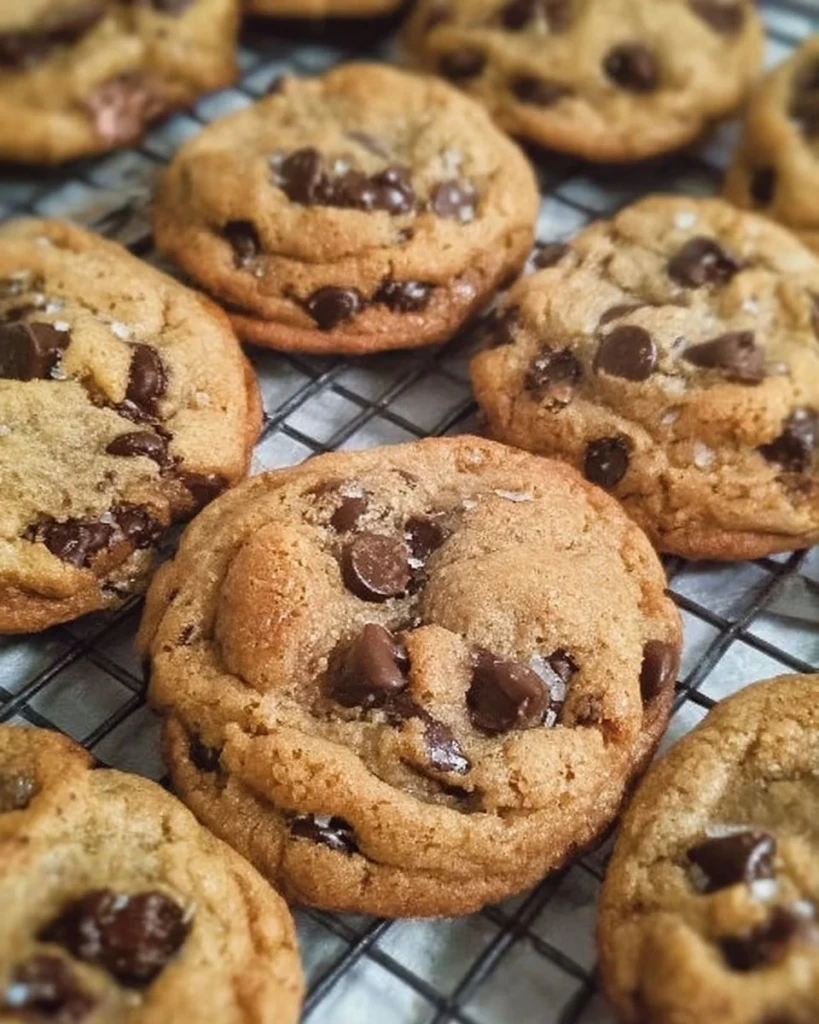 Freshly baked crispy and chewy chocolate chip cookies on a cooling rack.