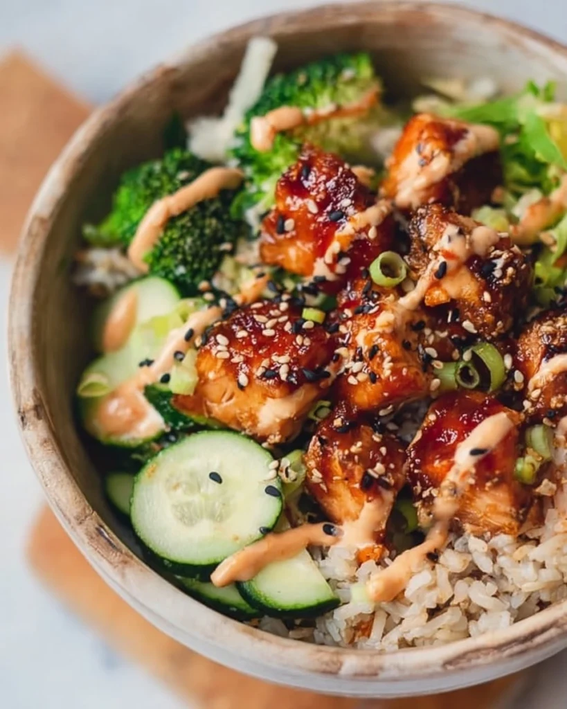 Crispy Bang Bang Salmon Bites served in a colorful bowl with fresh ingredients