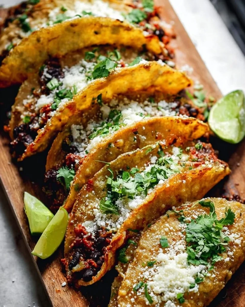 Delicious crispy black bean tacos topped with fresh vegetables and served on a plate.