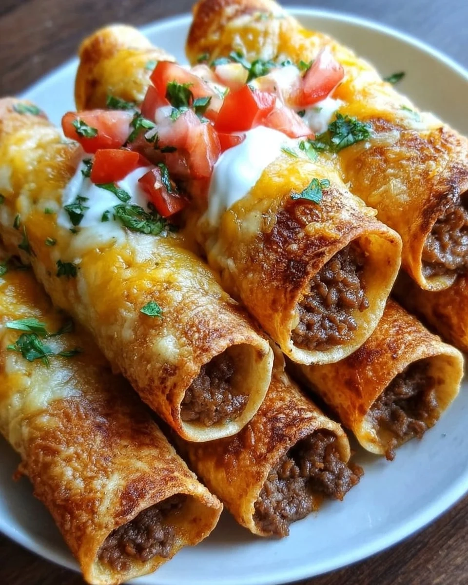 Crispy cheesy beef taquitos served with dipping sauce