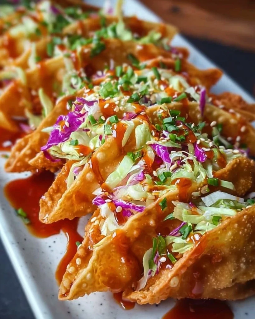 Crispy Chicken Wonton Tacos served with fresh toppings and dipping sauce
