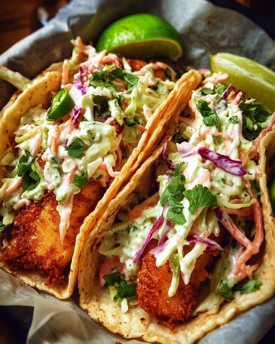 Crispy fish tacos with cilantro lime slaw on a wooden plate