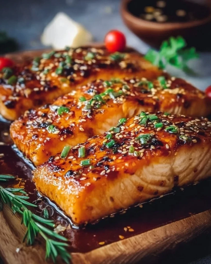 Crispy honey garlic glazed salmon on a plate with vegetables