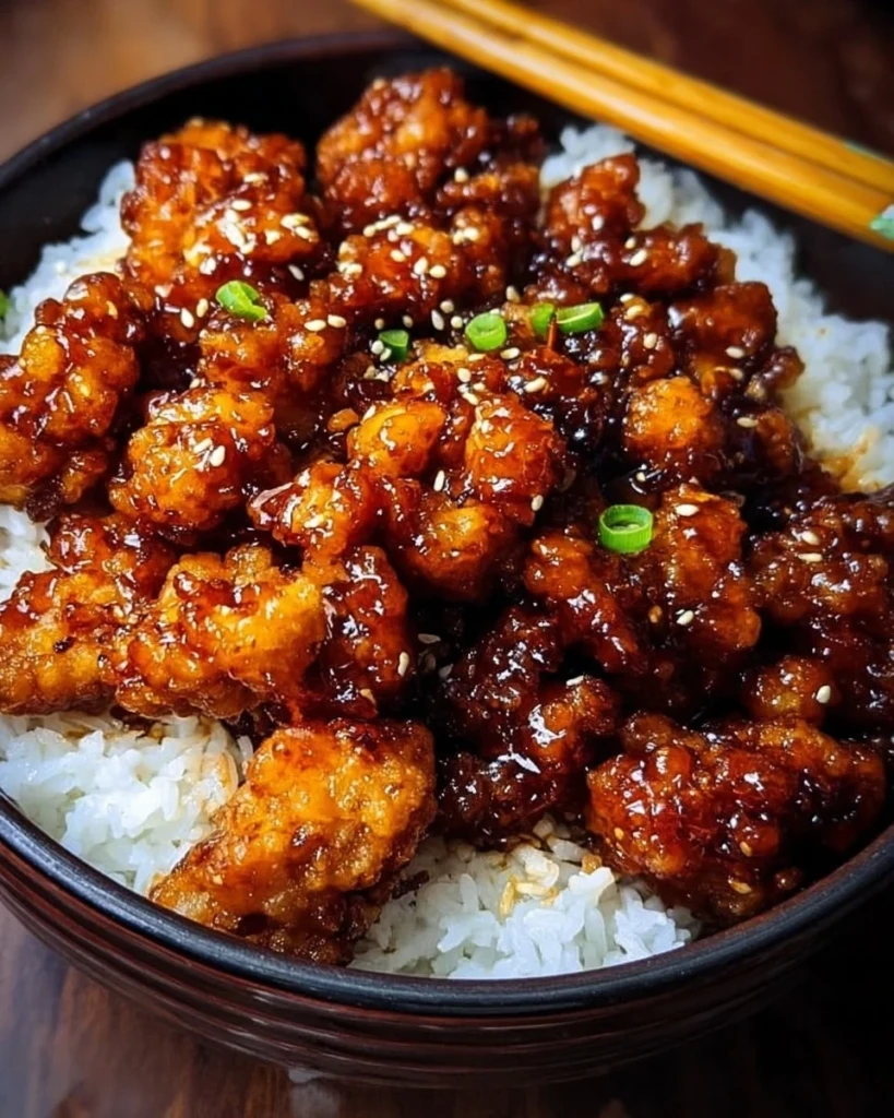 Crispy Orange Chicken garnished with sesame seeds and green onions