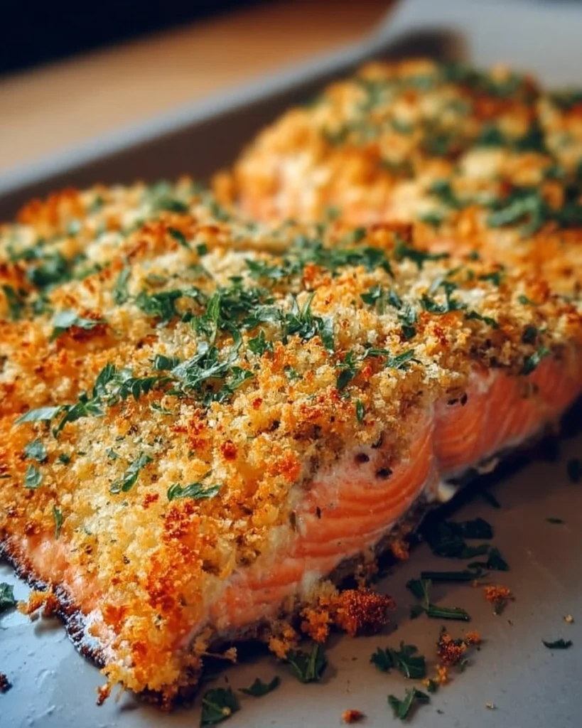 Crispy Parmesan Salmon Bake with golden crust and garnished herbs
