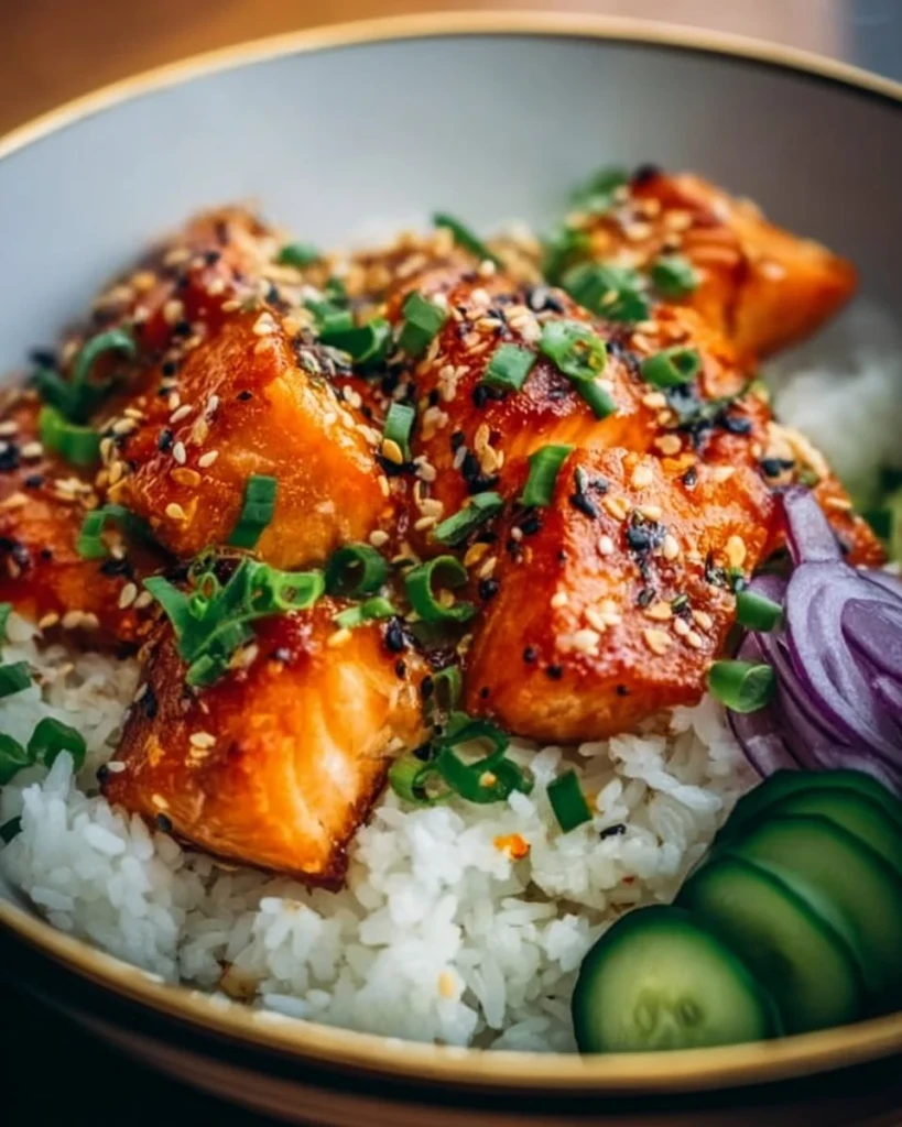 Crispy salmon on a bed of rice garnished with vegetables in a delicious rice bowl.