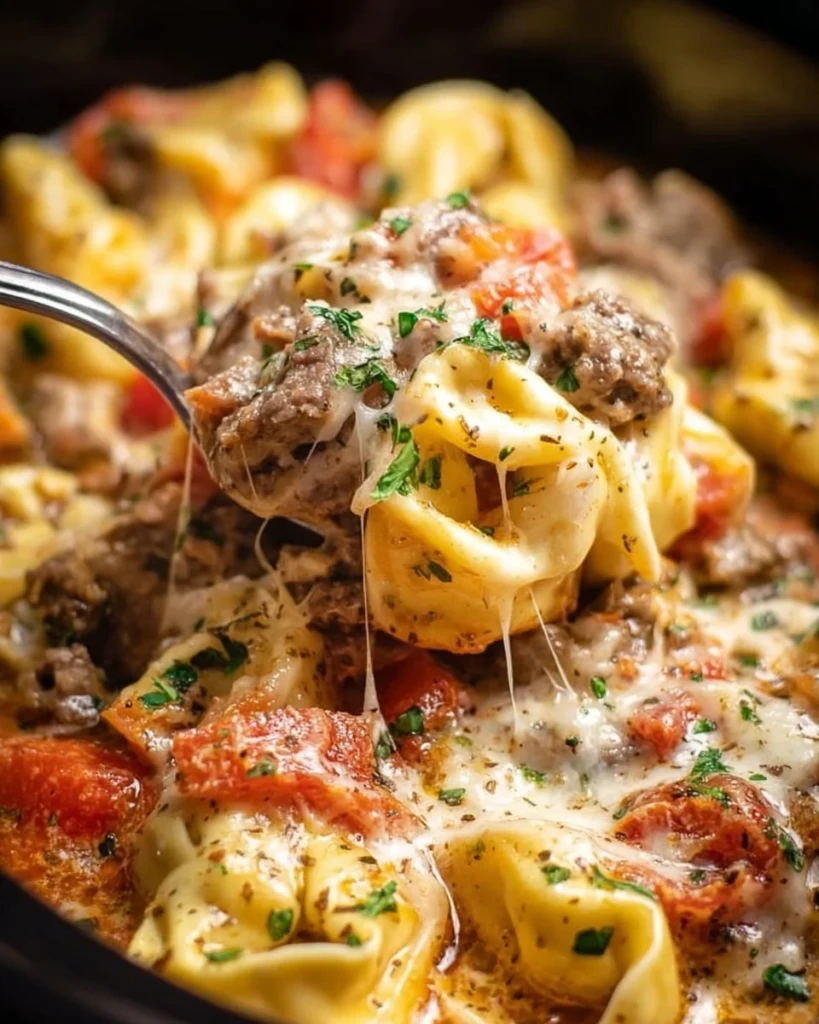 Delicious Crock Pot cheesesteak tortellini served in a bowl