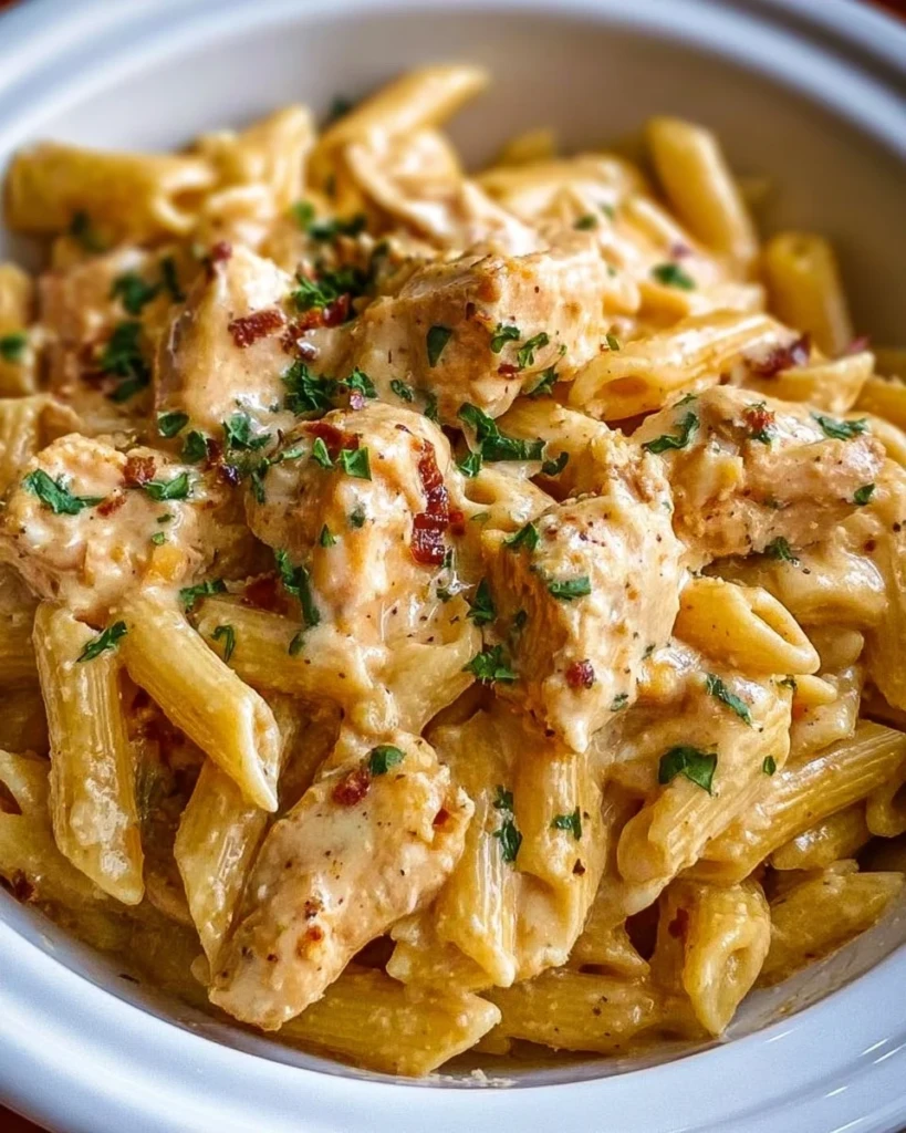 Crock Pot Creamy Cajun Chicken Pasta dish served in a bowl with colorful ingredients.