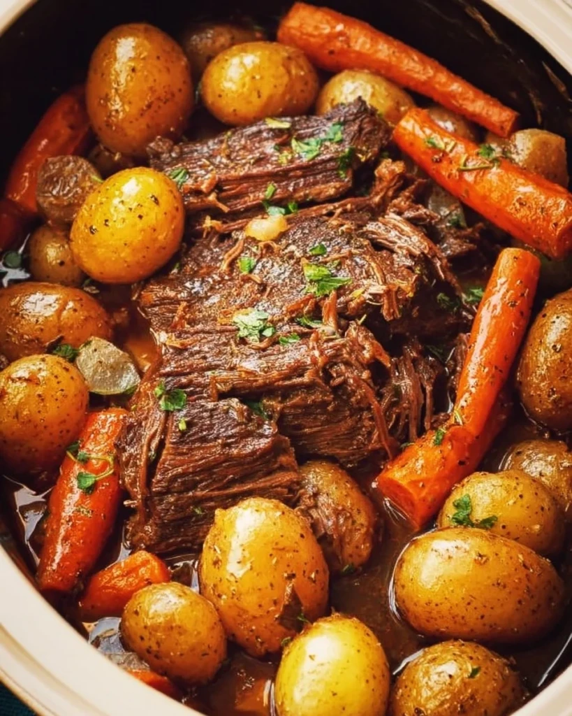 Delicious Crock Pot pot roast served with vegetables and gravy.