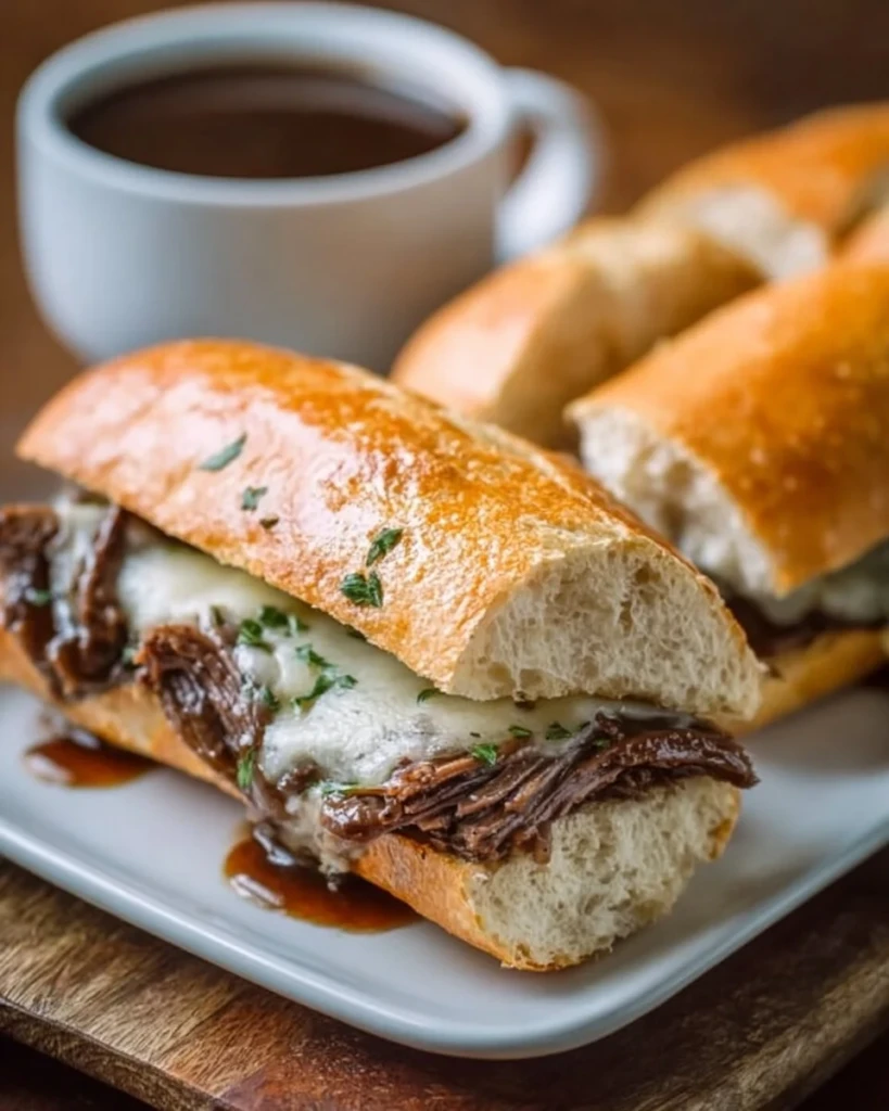 Delicious Crockpot French dip sandwiches served with au jus