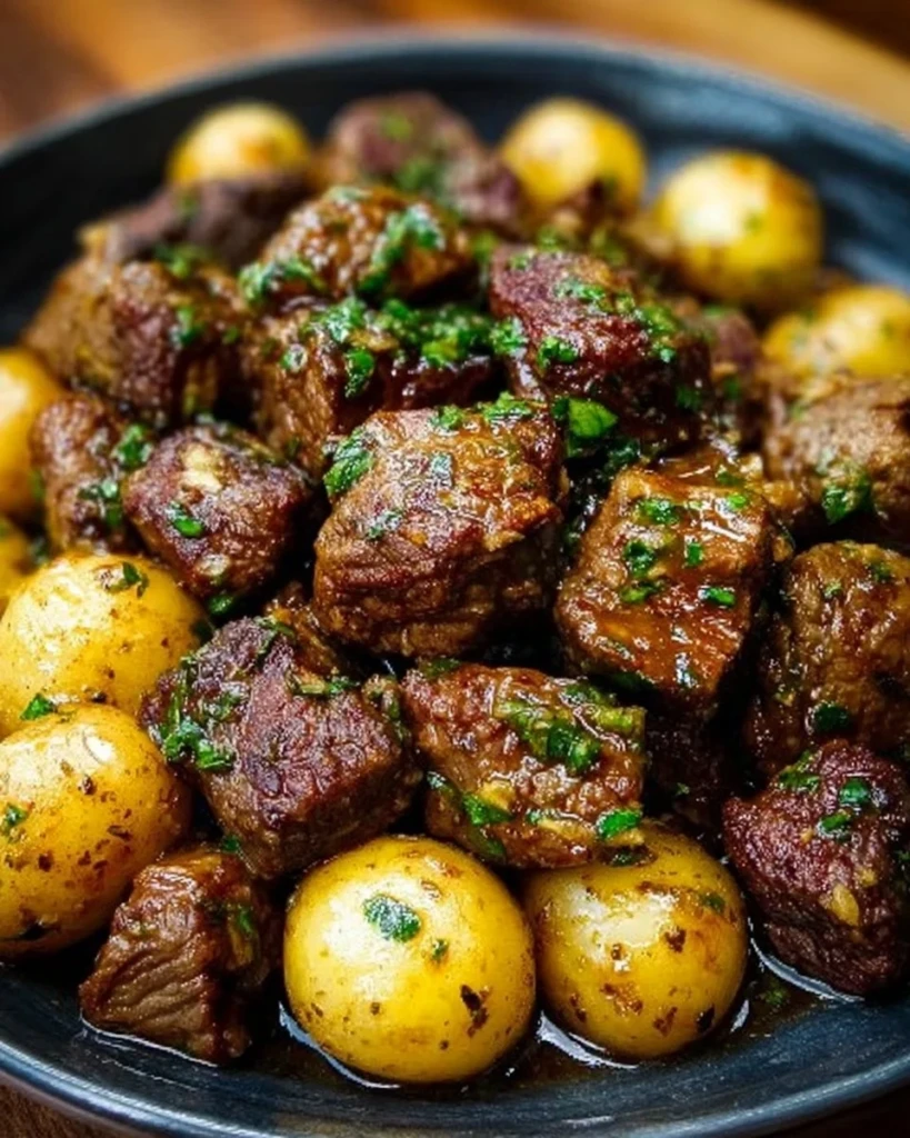 Crockpot Garlic Butter Beef Bites served with potatoes
