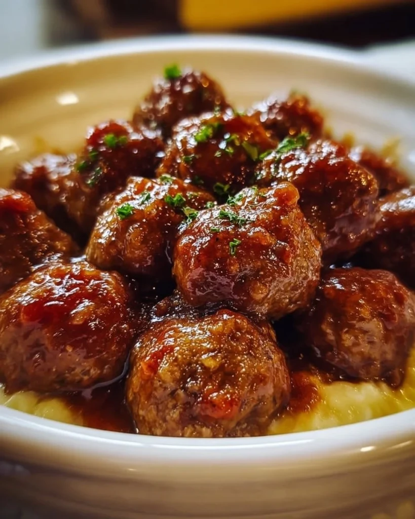 Crockpot Mississippi Meatballs served with rich sauce and garnished.