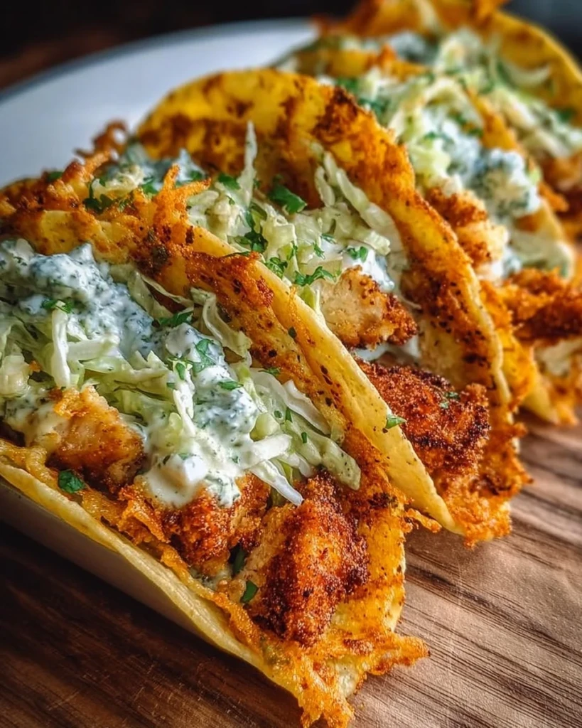 Dill Pickle Ranch Smash Chicken Tacos topped with crispy cheese and fresh ingredients.