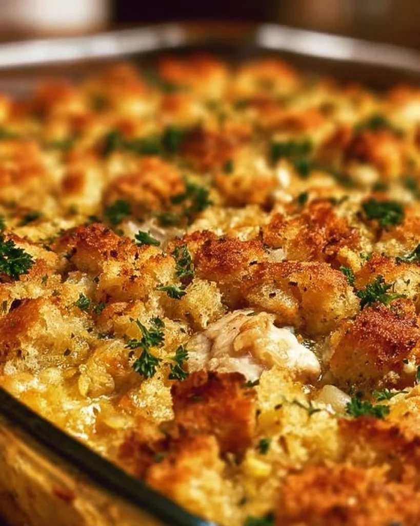 Delicious Dolly’s Chicken and Stuffing Casserole topped with crispy stuffing