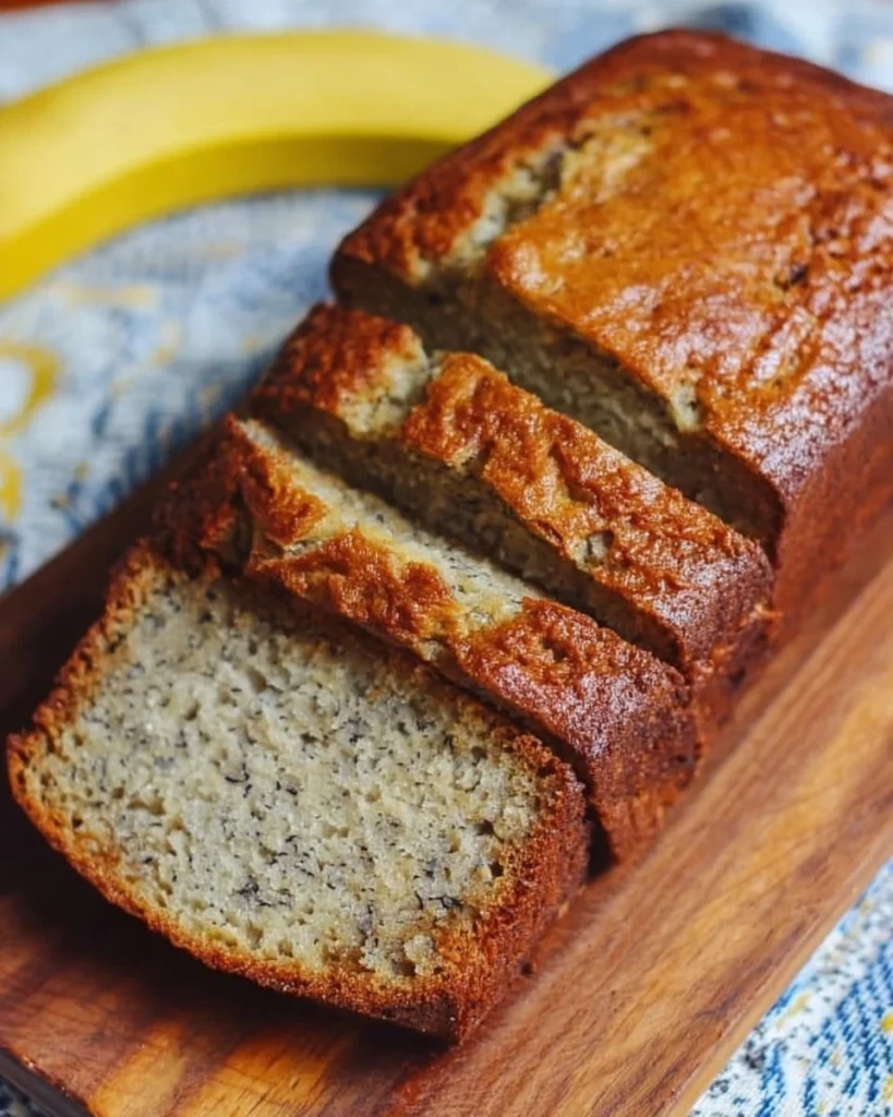Freshly baked banana bread just like Grandma's recipe, golden and delicious.