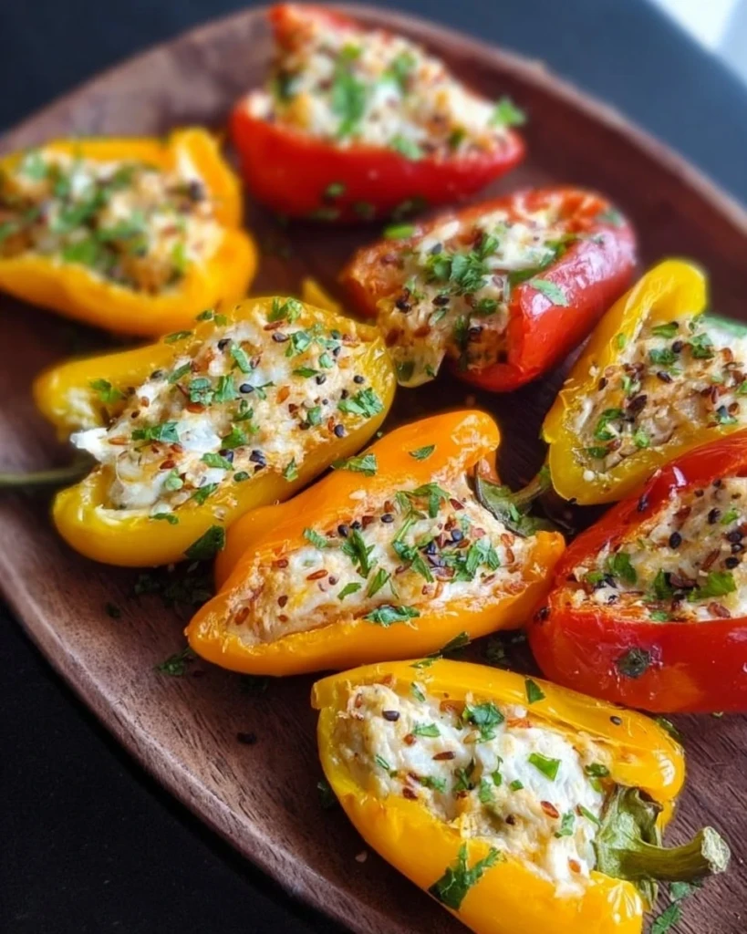 Colorful stuffed mini peppers with cheese and everything bagel seasoning