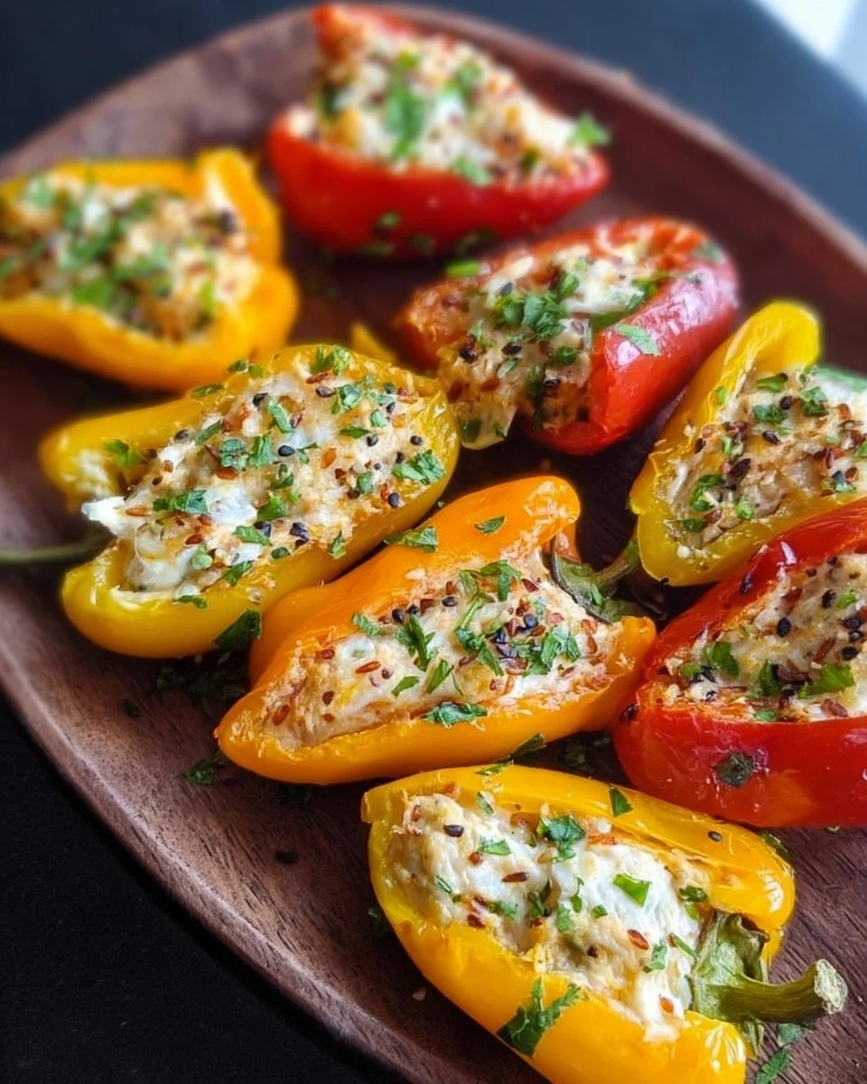 Colorful stuffed mini peppers with cheese and everything bagel seasoning