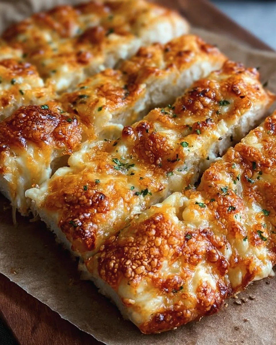 Easy cheesy bread recipe with gooey cheese and golden crust