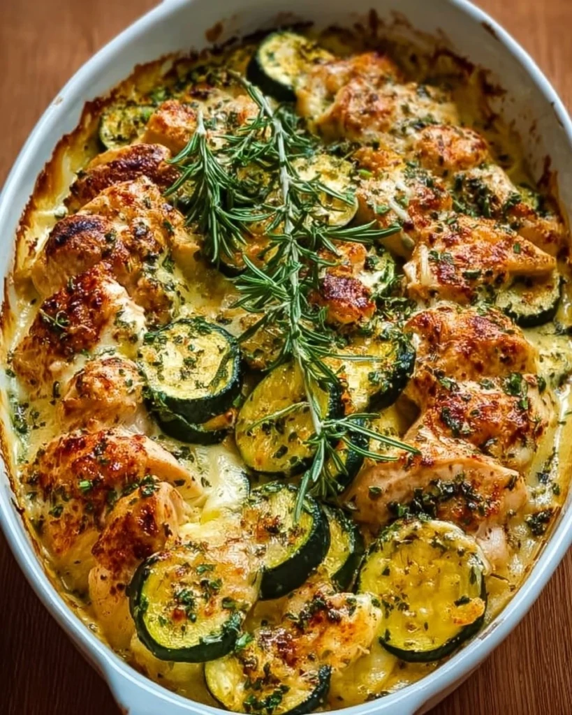 Easy Chicken Zucchini Bake dish with tender chicken and fresh zucchini