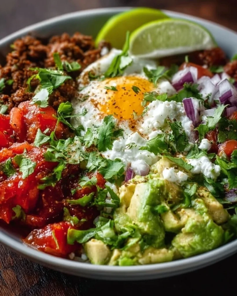 Easy low carb burrito bowl with colorful ingredients for a healthy breakfast