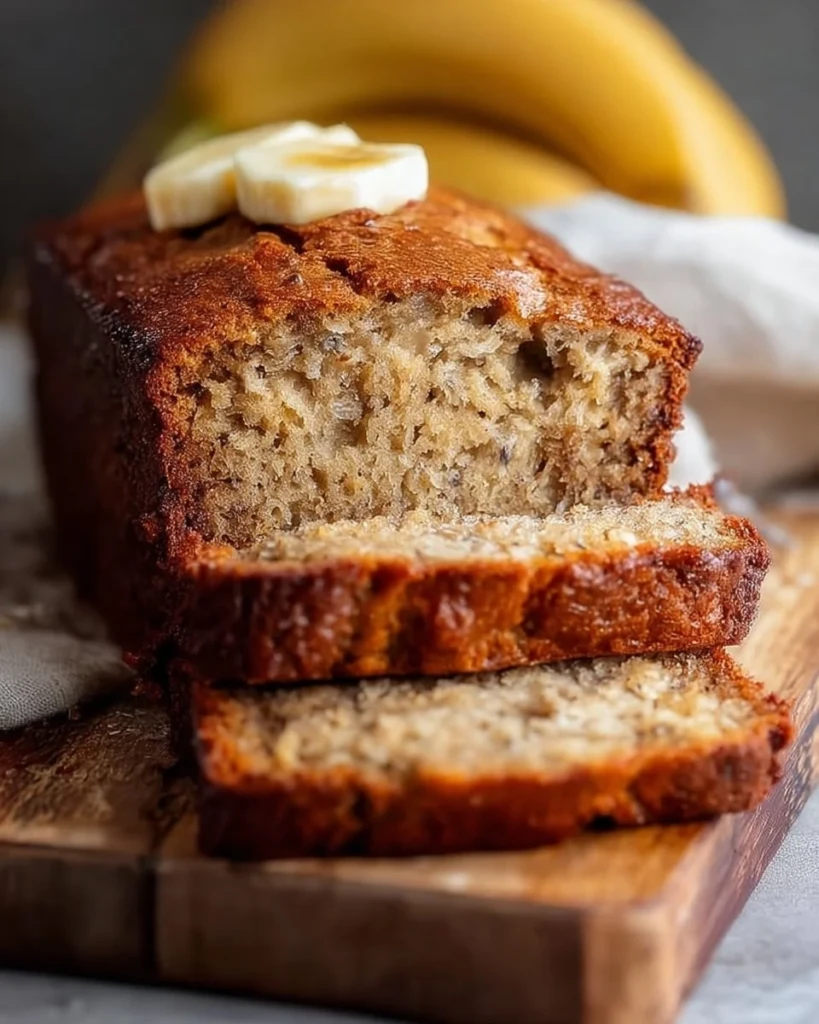 Slice of easy moist banana bread on a wooden table.