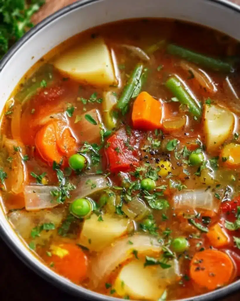 Bowl of easy vegetable soup with colorful fresh vegetables and herbs