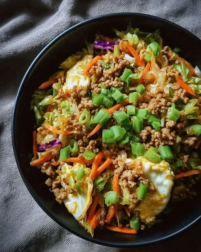 Colorful and flavorful Egg Roll in a Bowl dish, garnished with green onions.