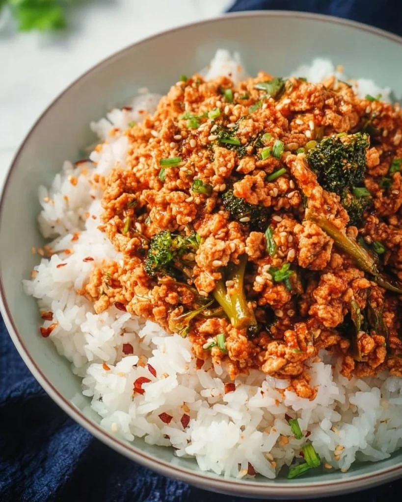 Delicious Firecracker Ground Chicken served with fresh vegetables