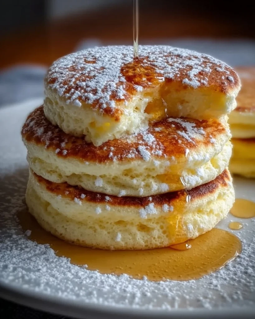 Fluffy vegan Japanese souffle pancakes stacked on a plate