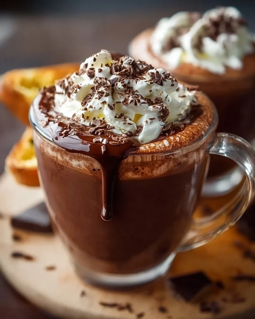 A cozy cup of rich French hot chocolate topped with whipped cream.