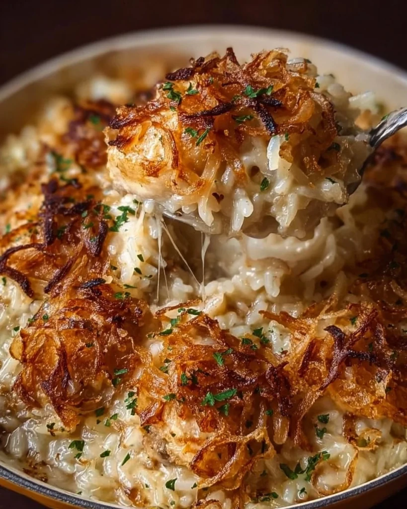 Delicious French onion chicken rice bake topped with melted cheese and herbs