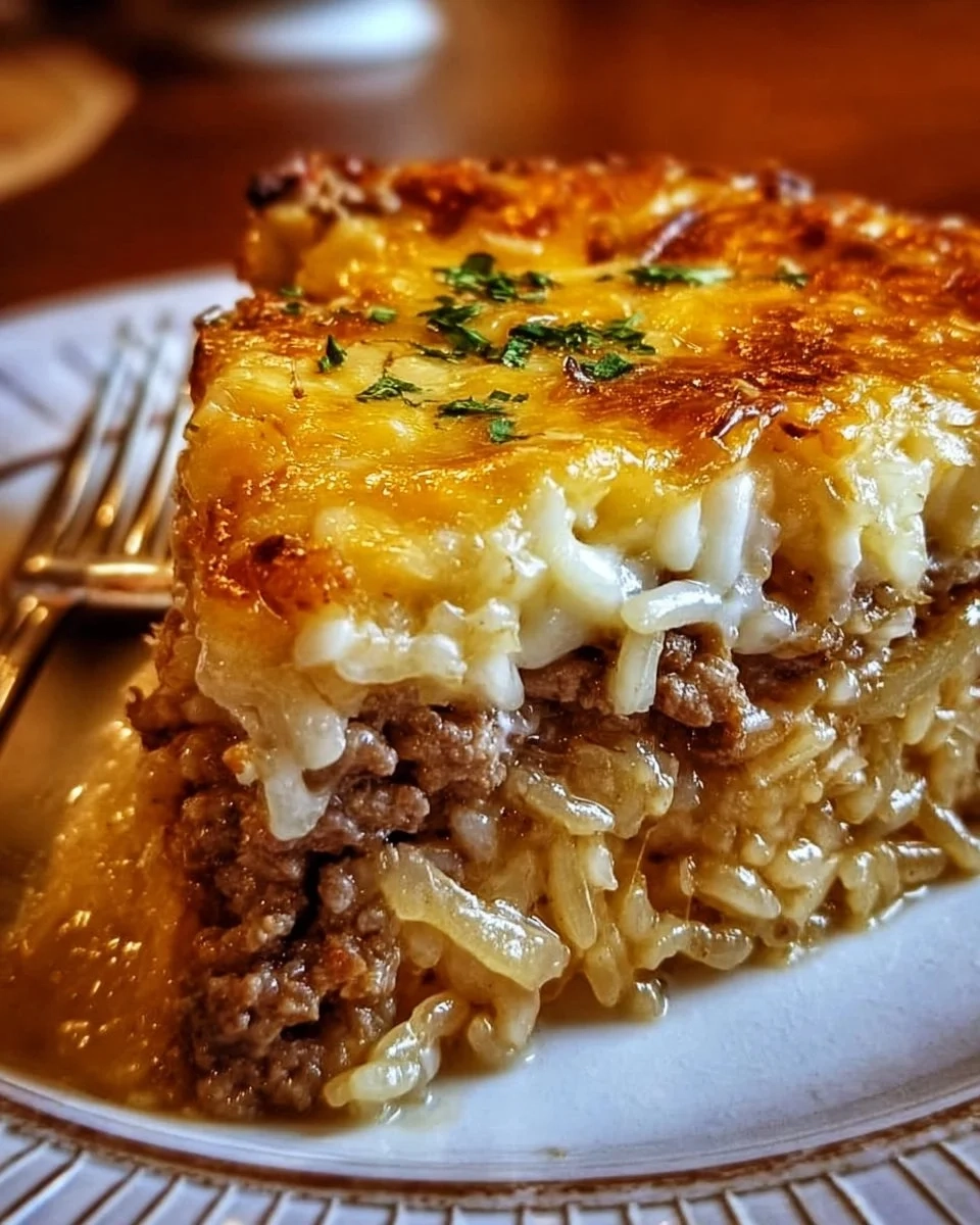 Delicious French Onion Ground Beef and Rice Casserole in a baking dish