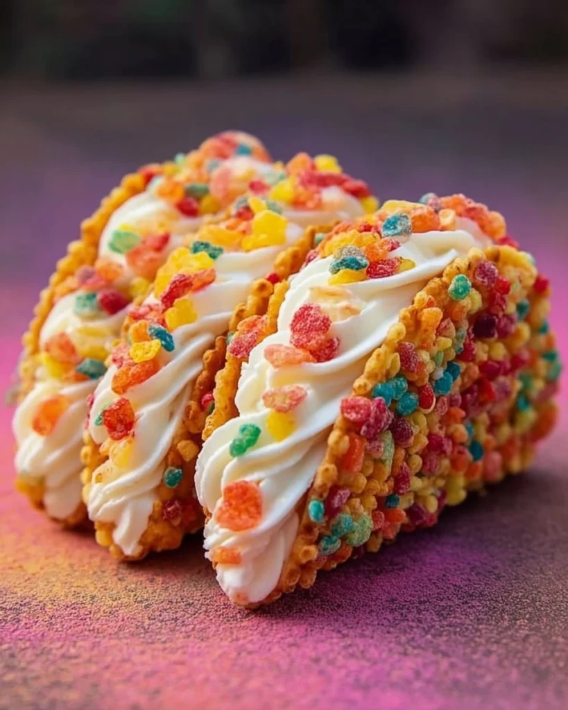 Fruity Pebbles cheesecake tacos topped with colorful cereal and creamy filling