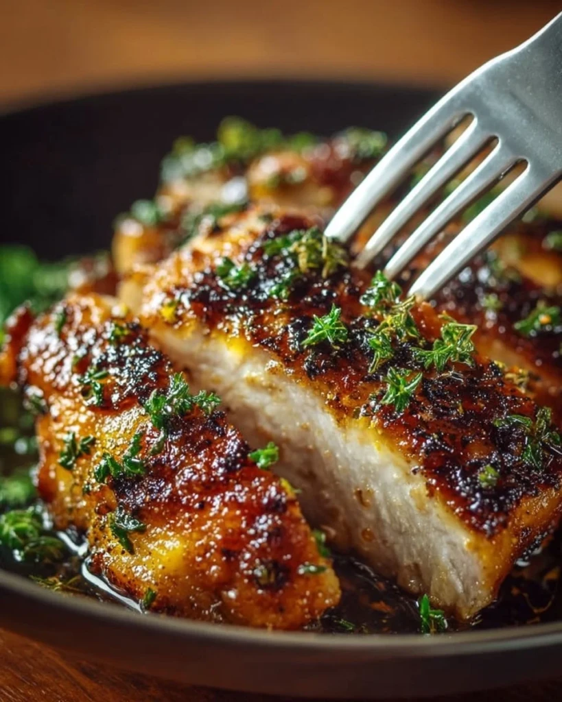 Delicious Garlic Brown Sugar Chicken garnished with herbs
