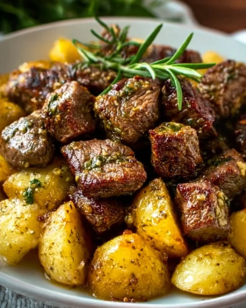 Garlic Butter Beef Bites with Potatoes on a platter