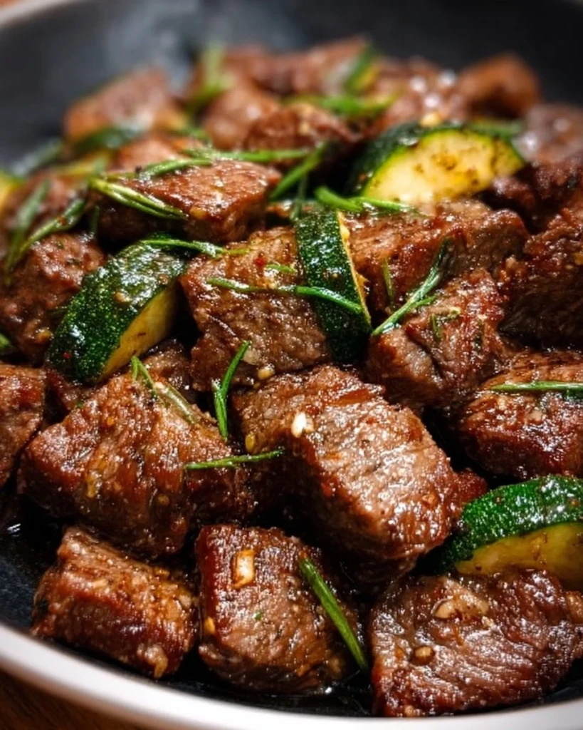 Garlic butter steak bites served in a skillet, juicy and flavorful dish.