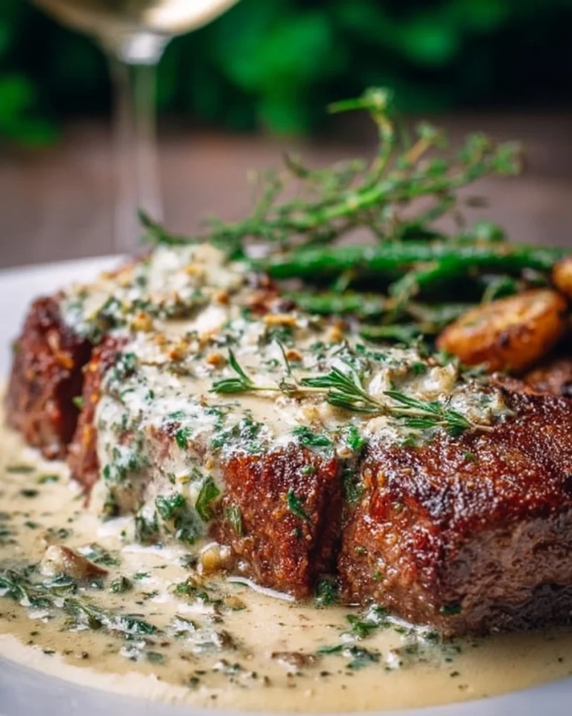 Delicious Garlic Butter Steak drizzled with creamy Parmesan sauce