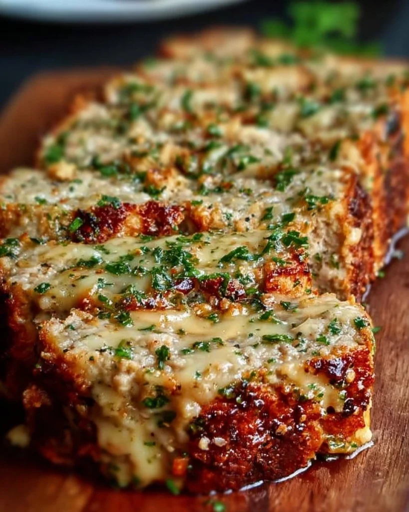 Delicious Garlic Parmesan Chicken Meatloaf served on a plate with herbs