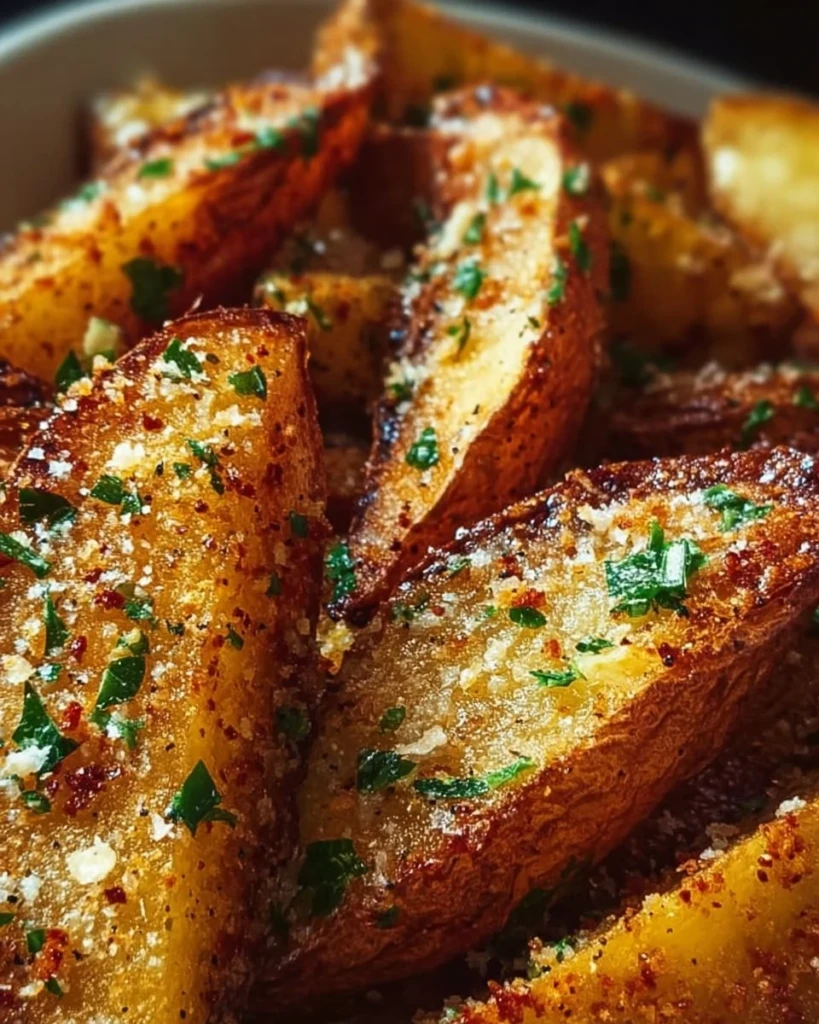 Crispy Garlic Parmesan Potato Wedges served on a plate, garnished with herbs.
