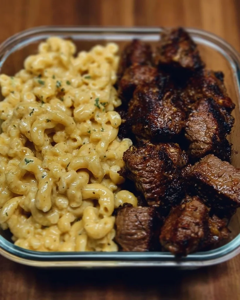 Delicious Garlic Steak Bites served with creamy mac & cheese