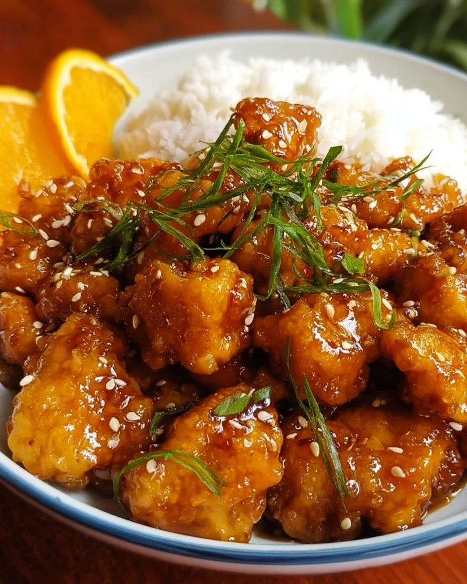 Gluten-free orange chicken served with rice and vegetables