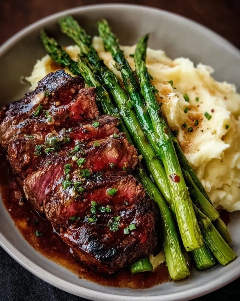Gourmet steak plated with mashed potatoes and steamed asparagus.