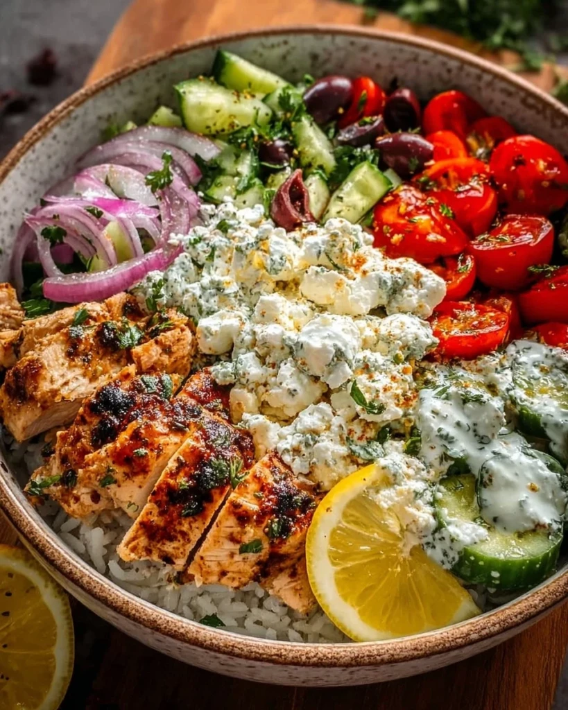 A colorful Greek Chicken Bowl filled with fresh vegetables and herbs.