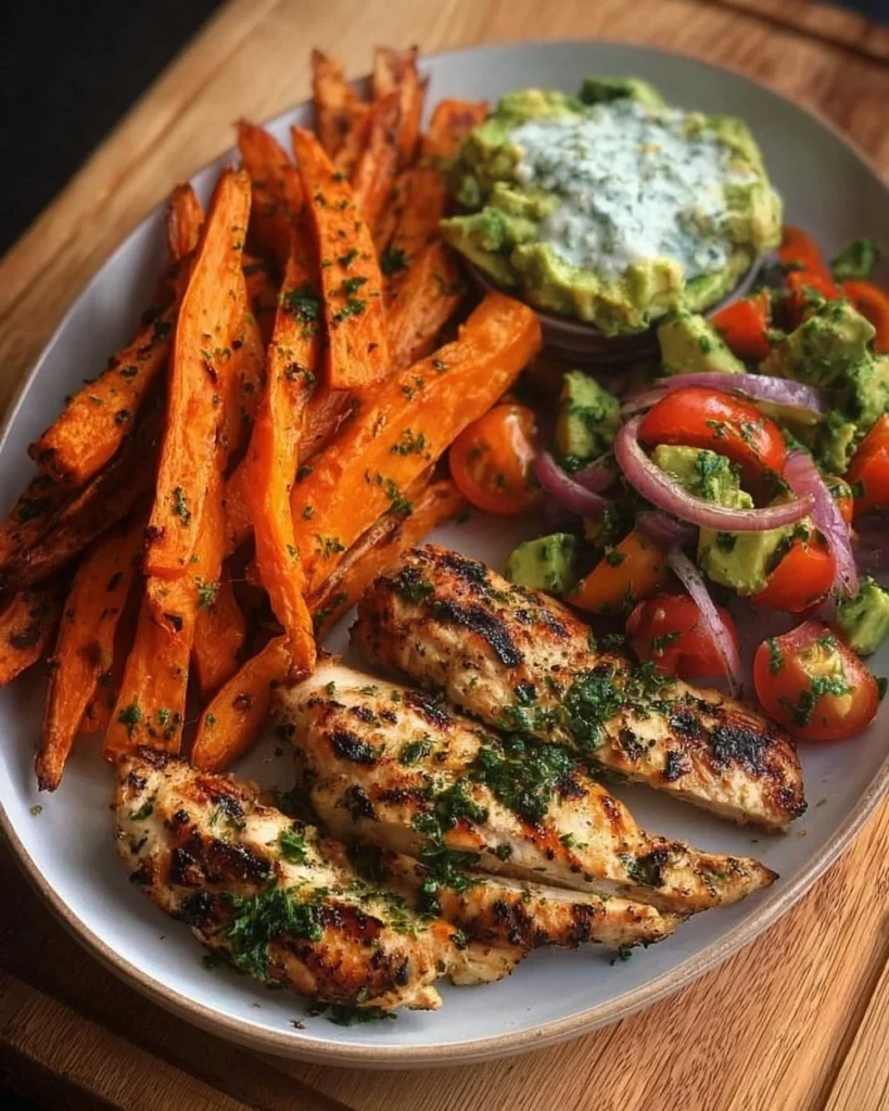 Grilled herb chicken with sweet potato fries and avocado salsa on a plate.
