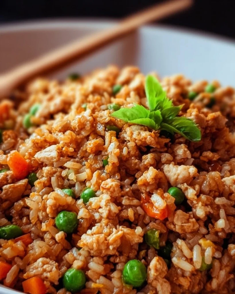 Delicious ground chicken fried rice served in a bowl with vegetables
