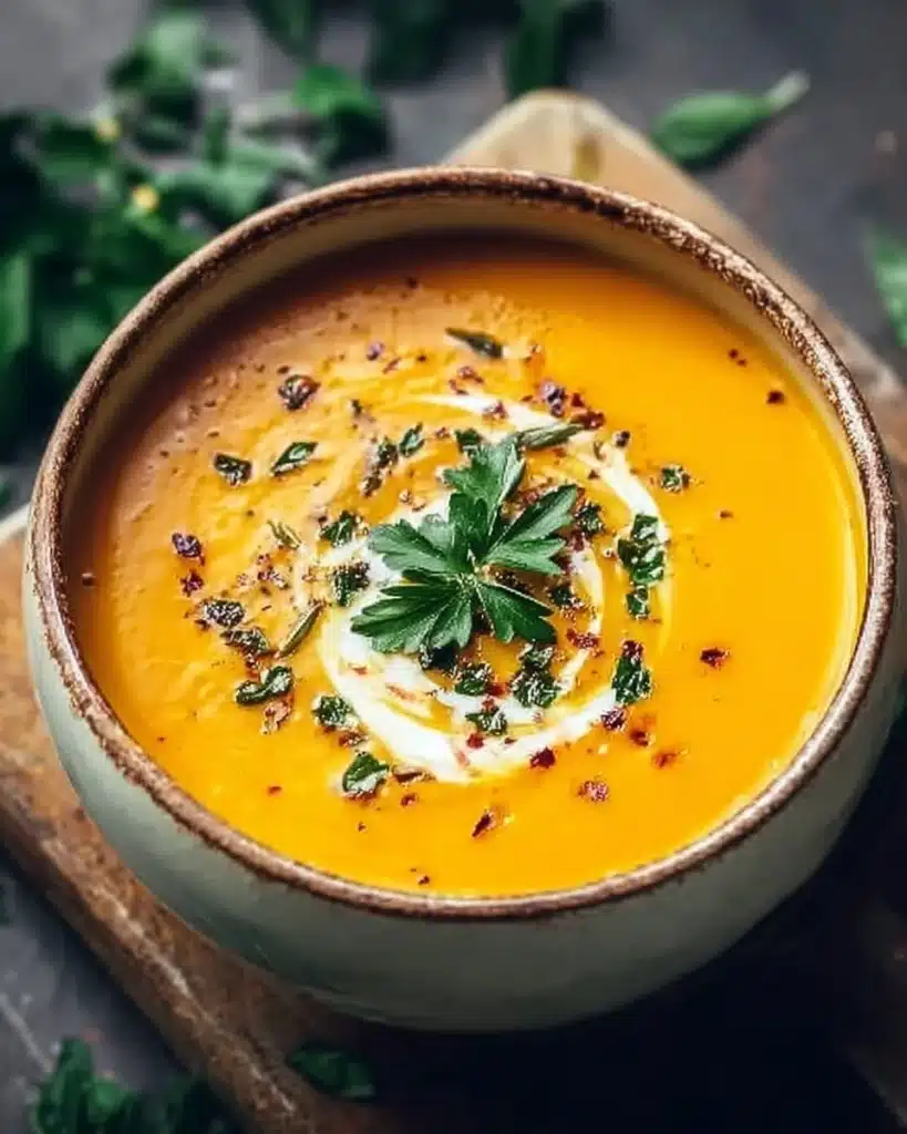 Bowl of healthy butternut squash soup garnished with herbs