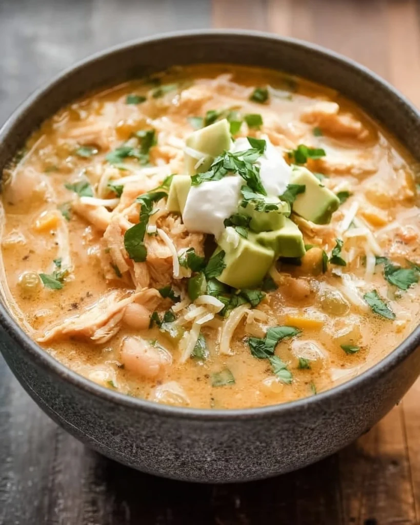 Healthy high protein white chicken chili in a bowl with toppings