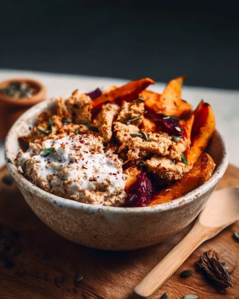 A variety of high-fiber high-protein recipes on a wooden table.