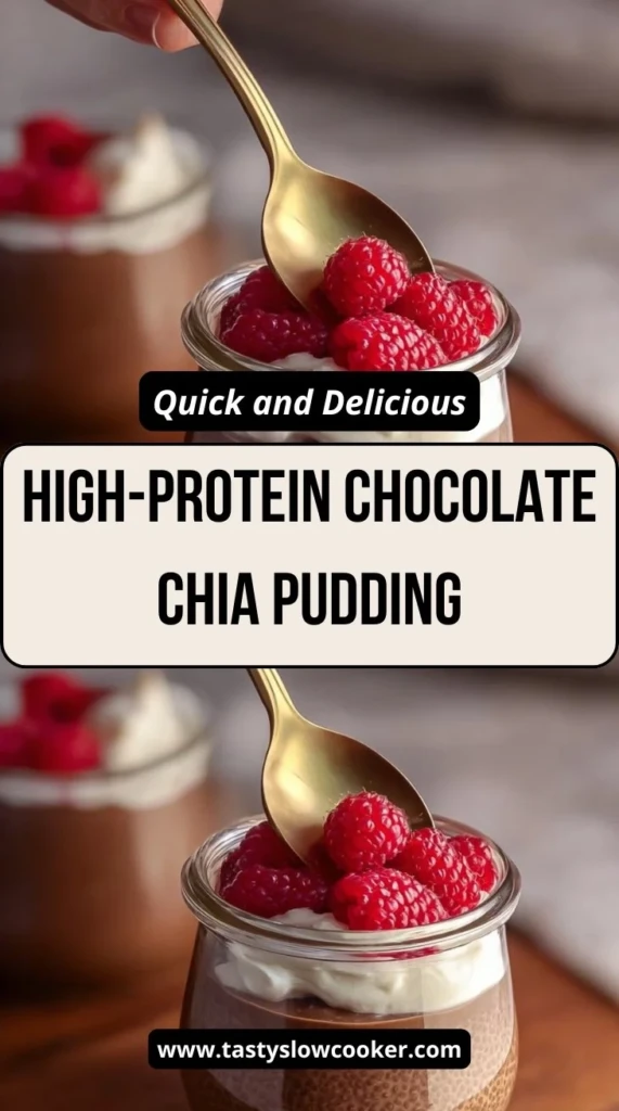 High-protein chocolate chia pudding served in a bowl with toppings